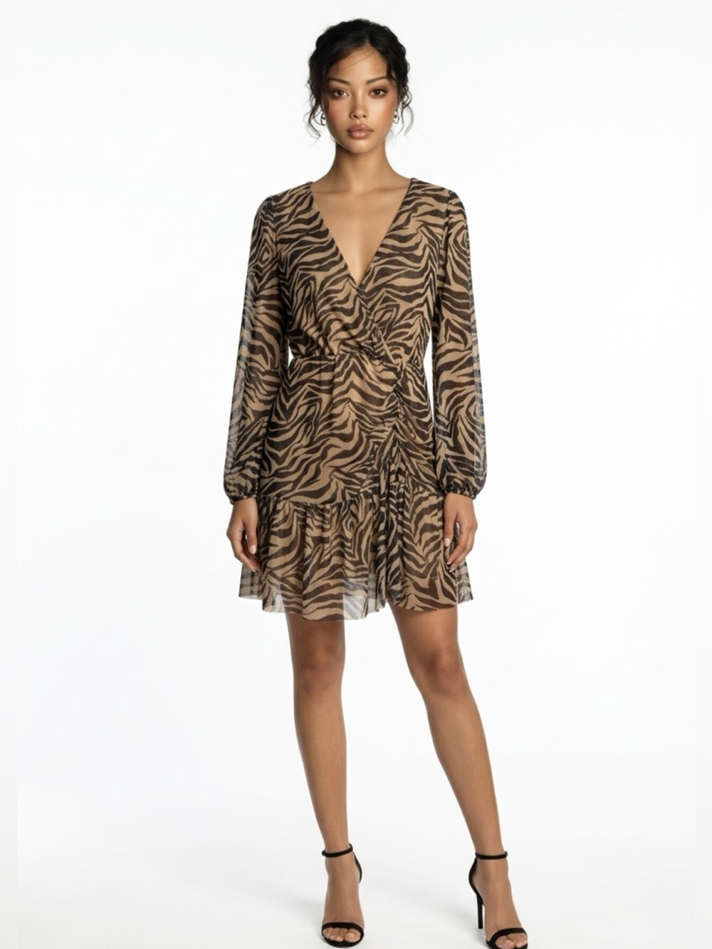 The Vanity Room Tan and Black Animal Print V-Neck Long Sleeve Dress
